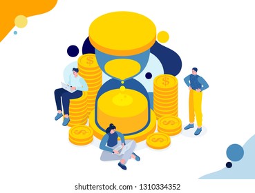 Vector business illustration, flat isometric. tiny people working on project. Metaphor illustration time is money. saving time - Saving money, business development and financial investments. fast loan