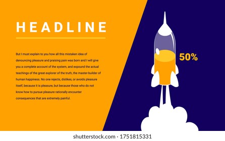 Vector business illustration of fly up spaceship is half full on color background with white cloud and text space. Flat cartoon style creative idea template design of startup web banner, poster, print