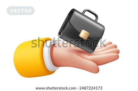 Vector business illustration of gesture hand in sleeve hold business case on white color background. 3d style design of man white skin hand and leather briefcase for web, banner, poster, print