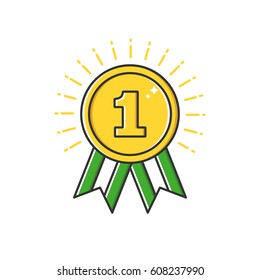 Vector business illustration of gold badge medal with ribbon icon in flat line style. Graphic design concept of winner or champion on contest. Use in Web Project and Applications. Outline stock object