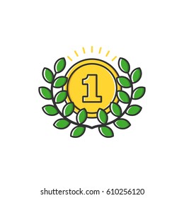 Vector business illustration of gold medal with leaves icon in flat line style. Graphic design concept of winner or champion on contest. Use in Web Project and Applications. Outline stock object