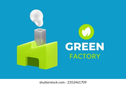 Ilustración empresarial de vectores de fábrica abstracta verde con chimenea y humo sobre fondo de color. 3d diseño de estilo del logotipo de eco factoría para web, sitio, banner, afiche