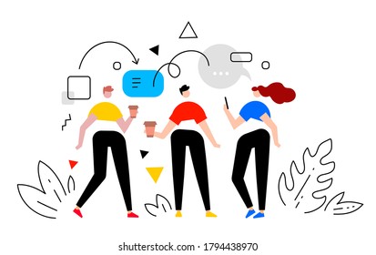 vector business illustration of a group of people with speech bubbles, man with coffee cup and woman with smart phone communication