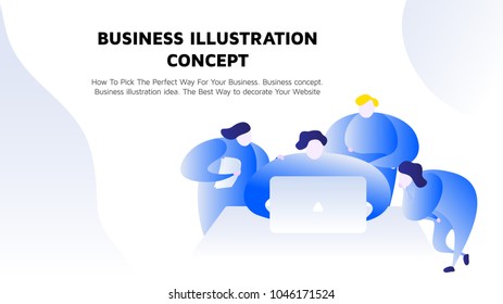 Vector business illustration. A group of young people work together on a project. Discussion of the concept behind the desk Freelancer collaboration. Front view. Landing page template. Blue gradient