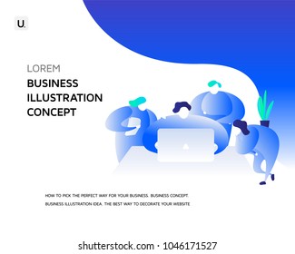 Vector business illustration. A group of young people work together on a project. Discussion of the concept behind the desk Freelancer collaboration. Front view. Landing page template. Blue gradient