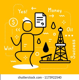 Vector business illustration of a happy man holding contract and black oil derrick with fuel drop on yellow background with tag. Oil production creative linear concept. Flat line art style web design