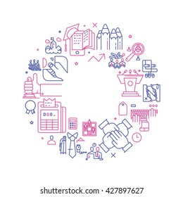 Vector business illustration with icons and signs in linear style components of the business project on white background poster or banner template
