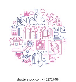 Vector business illustration with icons and signs in linear style components of the business project on white background poster or banner template