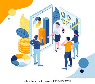 vector business illustration. Isometric characters think about business strategy by collecting and analyzing data. creative teamwork