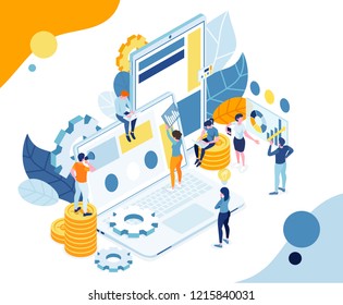 vector business illustration. Isometric characters create online online start-up business. creative idea teamwork. flat little people among the big items of a laptop and tablet. mobile software optimi