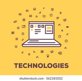 Vector business illustration of laptop, digital technology on yellow background with icon cloud. Innovation creative linear concept. Flat line art style design for web, site, banner, poster, board