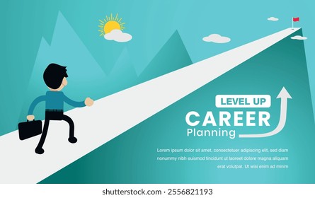 Vector business illustration of leader to achieve business success. Businessman running to the goal. Business concept about goals, success, ambition, achievements and challenges. Career vector concept
