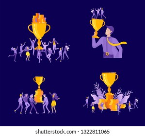 Vector business illustration, leadership creative team, successful people standing with winner cup