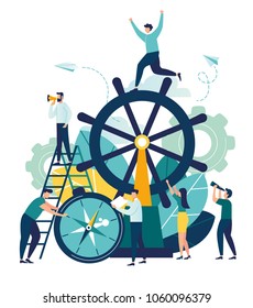 Vector business illustration, leadership qualities in a creative team, direction on a successful path, teamwork on startup vector