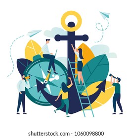 Vector business illustration, leadership qualities in the creative team, direction on the successful path, team work on the start up, confident approach to work