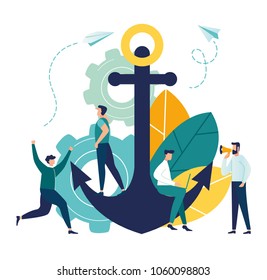 Vector business illustration, leadership qualities in the creative team, direction on the successful path, team work on the start up, confident approach to work