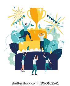 Vector business illustration, leadership qualities in a creative team, direction to a successful path, little people standing on a large cake are happy for the winner, a successful career path, vector