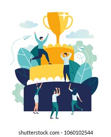 Vector business illustration, leadership qualities in a creative team, direction to a successful path, little people standing on a large cake are happy for the winner, a successful career path, a corp