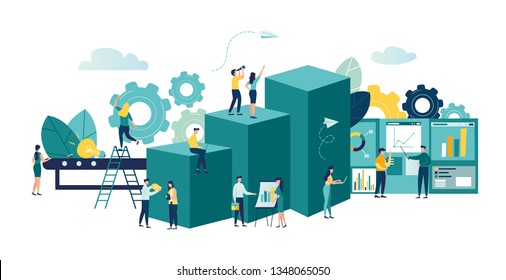 Vector business illustration, leadership qualities in a creative team, direction on a successful path, overcoming obstacles to success, high level of work, the team rejoices over the winner, productio