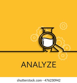 Vector business illustration in linear style with a picture of analyze as tube and magnifier on yellow background poster or banner template.