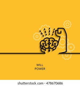 Vector business illustration in linear style with a picture of willpower as brain and muscle hand on yellow background poster or banner template.