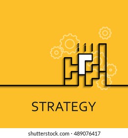 Ilustración empresarial vectorial en estilo lineal con una imagen de estrategia como juego en el póster de fondo amarillo o la plantilla de banner.