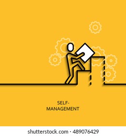 Vector business illustration in linear style with a picture of self-management as man builds a graph on yellow background poster or banner template.