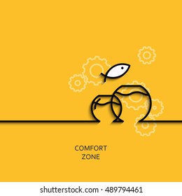 Vector business illustration in linear style with a picture of comfort zone as aquarium on yellow background poster or banner template.