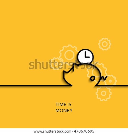 Vector business illustration in linear style with a picture of time is money as piggybank and clock on yellow background poster or banner template.