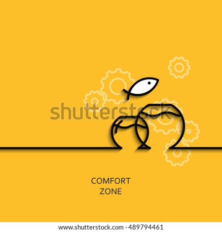 Vector business illustration in linear style with a picture of comfort zone as aquarium on yellow background poster or banner template.