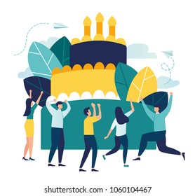 Vector business illustration, little people celebrate corporate at work standing near a big cake, organize solemn events, catering agency, marketing agency vector