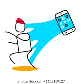 Vector business illustration of man adhered to the web of phone. Dependency on social media linear concept. Flat line art style design for web, site, banner, poster, presentation