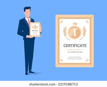 Vector business illustration of business man and certificate on blue color background. Flat style design of winner man for social media banner, marketing poster