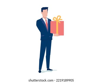 Vector business illustration of business man hold gift box on white color background. Flat style design of man with present for banner, marketing poster