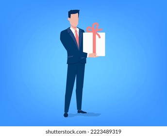 Vector business illustration of business man hold gift box on blue color background. Flat style design of man with present for banner, marketing poster