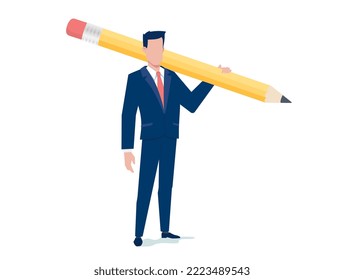 Vector business illustration of business man hold pencil on white color background. Flat style design of man holding big pencil for banner, marketing poster