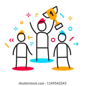 Vector business illustration of a man holding a yellow cup and other people. Leadership creative linear concept. Flat line art style design of teamwork for web, site, banner, poster, presentation