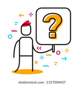 Vector business illustration of a man holding a sign with question mark. Search for solution to the problem linear concept. Flat line art style design for web, site, banner, poster