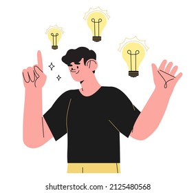 Vector business illustration of man with lightbulb and finger pointing up in aha moment isolated on white background. The concept of idea, brainstorm, thinking, solution, eureka, bingo.