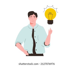 Ilustración vectorial de un hombre con bombilla y dedo apuntando hacia arriba en el momento de aha aislado en el fondo blanco. El concepto de idea, brainstorm, pensamiento, solución, eureka, bingo.