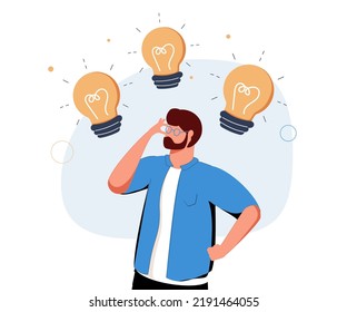 Vector business illustration of man with lightbulb and finger pointing up in aha moment isolated on white background. The concept idea, brainstorm, thinking, solution, eureka, bingo. Brilliant ideas.