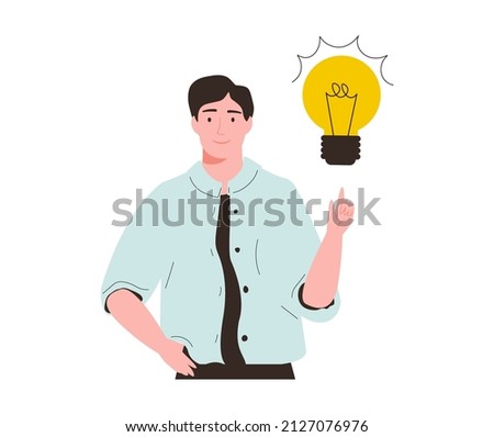 Vector business illustration of man with lightbulb and finger pointing up in aha moment isolated on white background. The concept of idea, brainstorm, thinking, solution, eureka, bingo.