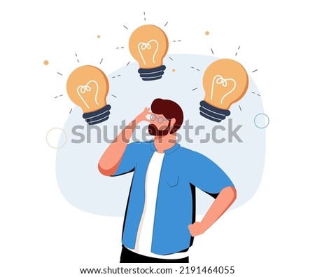 Vector business illustration of man with lightbulb and finger pointing up in aha moment isolated on white background. The concept idea, brainstorm, thinking, solution, eureka, bingo. Brilliant ideas.