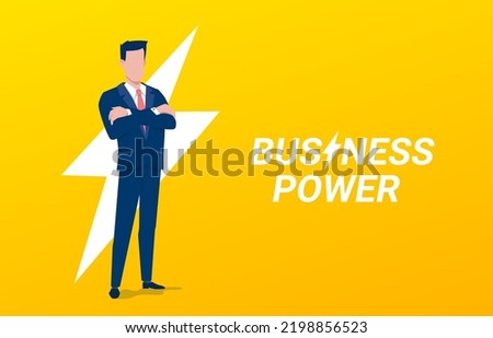 Vector business illustration of business man and lightning on yellow color background with text. Flat style design of man with flash for banner, marketing poster