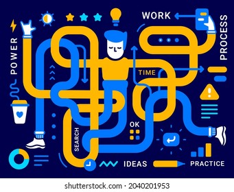 Ilustración del Vector de la empresa de un hombre con manos y piernas largas sobre fondo de color oscuro. Administrador de multitareas de Office con icono y Word