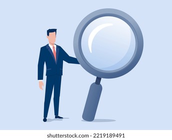 Vector business illustration of business man and magnifying glass on color background. Flat style design of searching man for social media banner, marketing poster