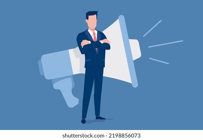 Vector business illustration of business man and megaphone on blue color background. Flat style design of man for social media banner, marketing poster