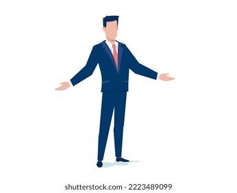 Vector business illustration of business man with open hand on white color background. Flat style design of man manager for social media banner, marketing poster