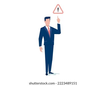 Ilustración empresarial vectorial del hombre de negocios apuntando y etiqueta de advertencia sobre el fondo de color blanco. Diseño plano de man manager para banner de medios sociales, afiche de marketing