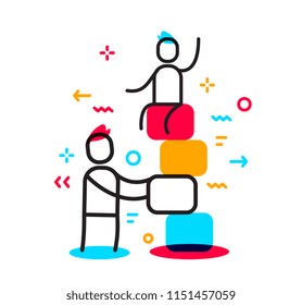 Vector business illustration of a man puts the cube in a high construction with sitting guy. Conservation of the foundation linear concept. Flat line art style design for web, site, presentation